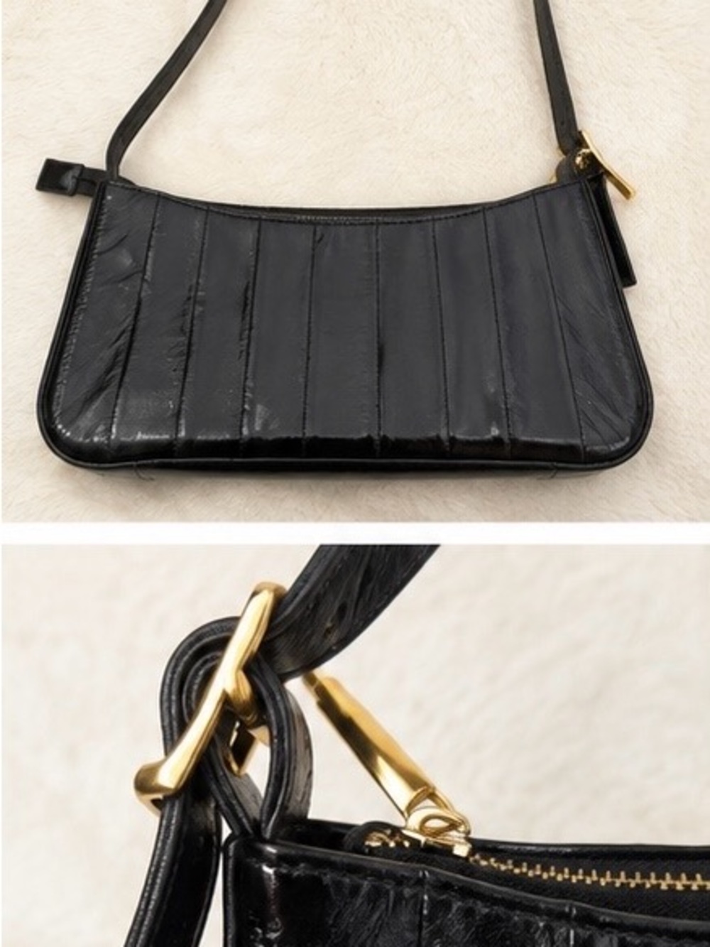 Classic Black Eel skin Shoulder Bag - Sleek Panel Design - Picture 2 of 2